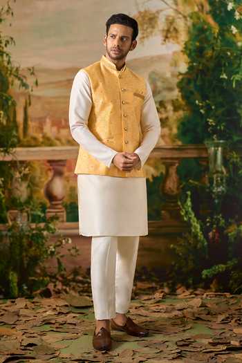Buy Arihant Rai Sinha Cream Silk, Jacquard Woven Nehru Jacket And Kurta Set Buy_Arihant Rai Sinha_Cream Silk, Jacquard Woven Nehru Jacket And Kurta Set