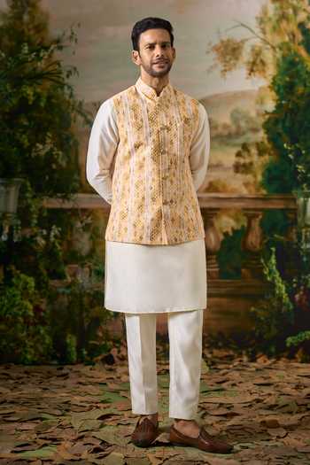 Arihant Rai Sinha White Silk, Rayon Lucknowi Embroidered Nehru Jacket And Kurta Set Online at Aza Fashions Arihant Rai Sinha_White Silk, Rayon Lucknowi Embroidered Nehru Jacket And Kurta Set _Online_at_Aza_Fashions