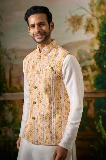 Buy Arihant Rai Sinha White Silk, Rayon Lucknowi Embroidered Nehru Jacket And Kurta Set Buy_Arihant Rai Sinha_White Silk, Rayon Lucknowi Embroidered Nehru Jacket And Kurta Set