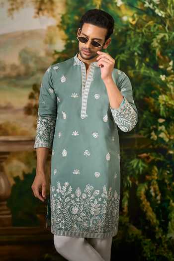 Shop Arihant Rai Sinha Green Silk Dori Embroidered Kurta Set Online at Aza Fashions Shop_Arihant Rai Sinha_Green Silk Dori Embroidered Kurta Set _Online_at_Aza_Fashions