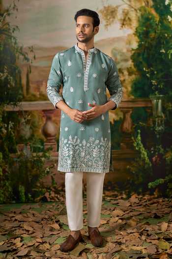 Shop Arihant Rai Sinha Green Silk Dori Embroidered Kurta Set Shop_Arihant Rai Sinha_Green Silk Dori Embroidered Kurta Set