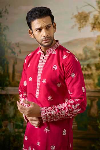 Shop Arihant Rai Sinha Red Silk Flower Embroidered Kurta Set Online at Aza Fashions Shop_Arihant Rai Sinha_Red Silk Flower Embroidered Kurta Set _Online_at_Aza_Fashions