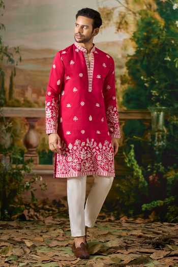 Arihant Rai Sinha Red Silk Flower Embroidered Kurta Set at Aza Fashions Arihant Rai Sinha_Red Silk Flower Embroidered Kurta Set _at_Aza_Fashions