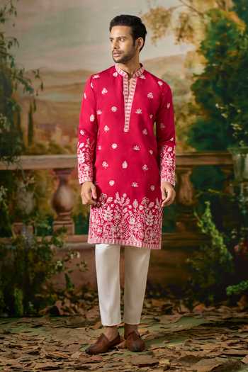 Buy Arihant Rai Sinha Red Silk Flower Embroidered Kurta Set Buy_Arihant Rai Sinha_Red Silk Flower Embroidered Kurta Set