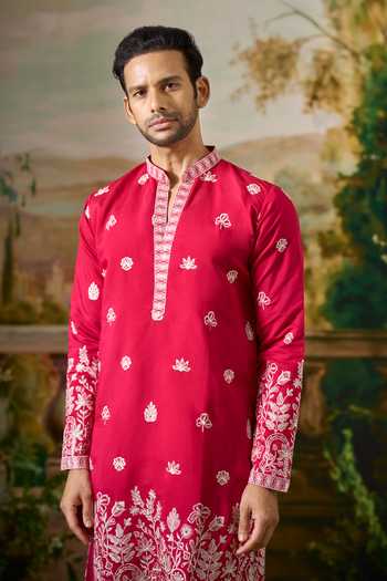 Shop Arihant Rai Sinha Red Silk Flower Embroidered Kurta Set Shop_Arihant Rai Sinha_Red Silk Flower Embroidered Kurta Set