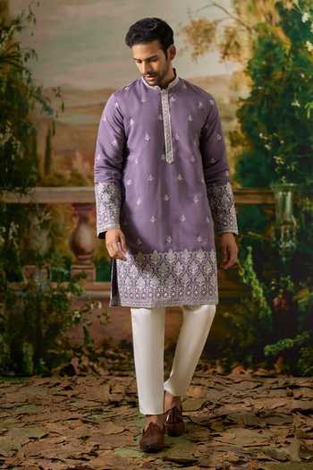Shop Arihant Rai Sinha Purple Silk Embroidered Kurta And Pant Set Online at Aza Fashions Shop_Arihant Rai Sinha_Purple Silk Embroidered Kurta And Pant Set _Online_at_Aza_Fashions