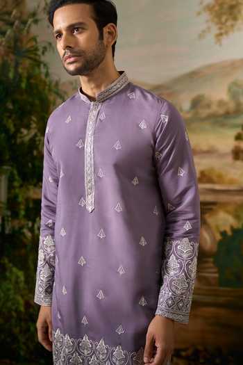 Shop Arihant Rai Sinha Purple Silk Embroidered Kurta And Pant Set Shop_Arihant Rai Sinha_Purple Silk Embroidered Kurta And Pant Set