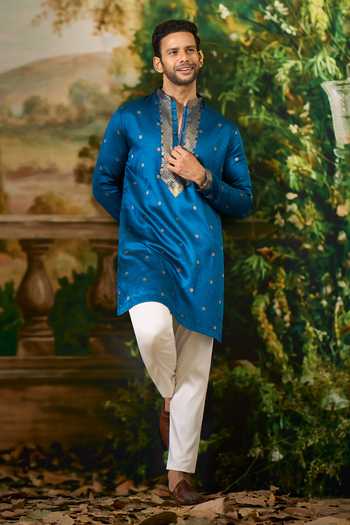 Shop_Arihant Rai Sinha_Blue Silk Zari Woven Kurta Set _Online_at_Aza_Fashions