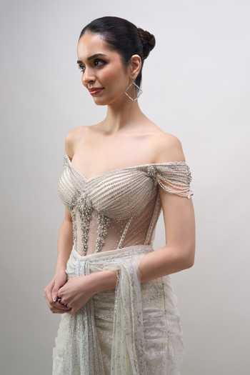 Shop Tarun Tahiliani Ivory Sequins, Beads, Pearls, Pre-draped Concept Saree With Embroidered Bodysuit Online at Aza Fashions Shop_Tarun Tahiliani_Ivory Sequins, Beads, Pearls, Pre-draped Concept Saree With Embroidered Bodysuit _Online_at_Aza_Fashions