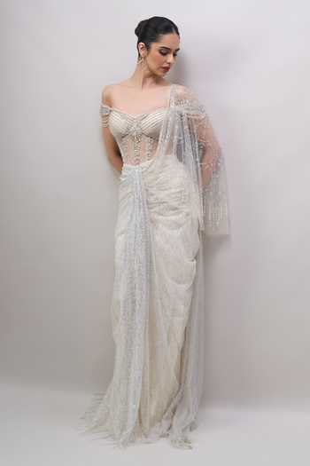 Buy Tarun Tahiliani Ivory Sequins, Beads, Pearls, Pre-draped Concept Saree With Embroidered Bodysuit Buy_Tarun Tahiliani_Ivory Sequins, Beads, Pearls, Pre-draped Concept Saree With Embroidered Bodysuit