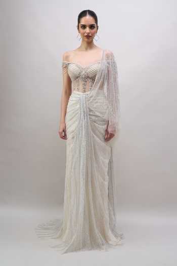 Shop Tarun Tahiliani Ivory Sequins, Beads, Pearls, Pre-draped Concept Saree With Embroidered Bodysuit Shop_Tarun Tahiliani_Ivory Sequins, Beads, Pearls, Pre-draped Concept Saree With Embroidered Bodysuit