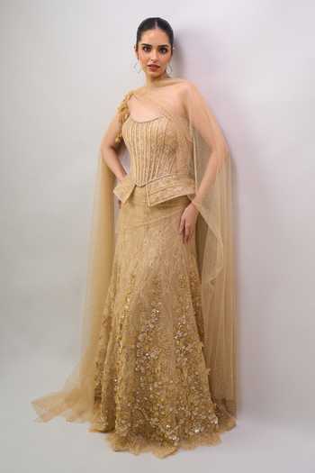 Buy Tarun Tahiliani Gold Embroidery, Sequins, Zari, Stones Bandeau Neck Pre-draped Lehenga Saree Set Online at Aza Fashions Buy_Tarun Tahiliani_Gold Embroidery, Sequins, Zari, Stones Bandeau Neck Pre-draped Lehenga Saree Set _Online_at_Aza_Fashions