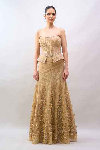 Tarun Tahiliani Gold Embroidery, Sequins, Zari, Stones Bandeau Neck Pre-draped Lehenga Saree Set at Aza Fashions Tarun Tahiliani_Gold Embroidery, Sequins, Zari, Stones Bandeau Neck Pre-draped Lehenga Saree Set _at_Aza_Fashions