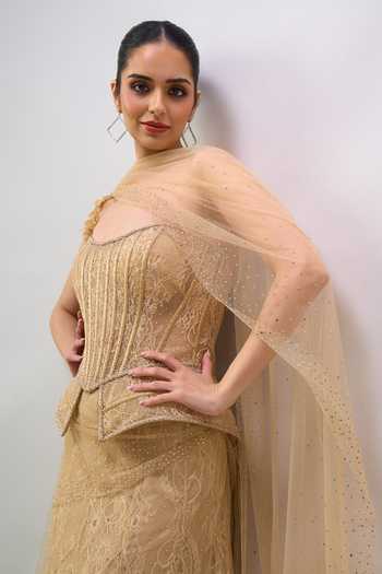 Shop Tarun Tahiliani Gold Embroidery, Sequins, Zari, Stones Bandeau Neck Pre-draped Lehenga Saree Set Shop_Tarun Tahiliani_Gold Embroidery, Sequins, Zari, Stones Bandeau Neck Pre-draped Lehenga Saree Set