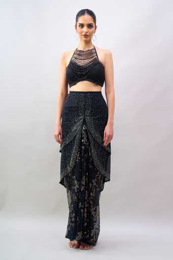 Buy Tarun Tahiliani Black Halter Neck Embroidered Pre-draped Lehenga Saree Set Online at Aza Fashions Buy_Tarun Tahiliani_Black Halter Neck Embroidered Pre-draped Lehenga Saree Set _Online_at_Aza_Fashions