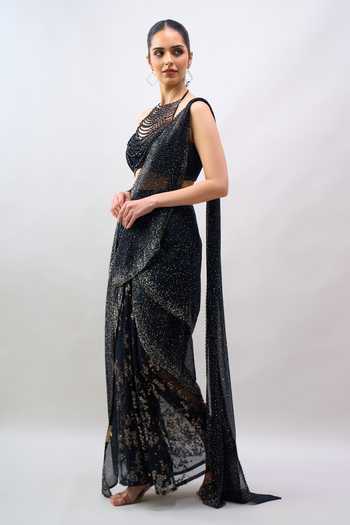 Shop Tarun Tahiliani Black Halter Neck Embroidered Pre-draped Lehenga Saree Set Online at Aza Fashions Shop_Tarun Tahiliani_Black Halter Neck Embroidered Pre-draped Lehenga Saree Set _Online_at_Aza_Fashions