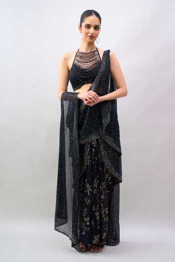 Tarun Tahiliani Black Halter Neck Embroidered Pre-draped Lehenga Saree Set at Aza Fashions Tarun Tahiliani_Black Halter Neck Embroidered Pre-draped Lehenga Saree Set _at_Aza_Fashions