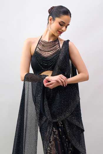 Buy Tarun Tahiliani Black Halter Neck Embroidered Pre-draped Lehenga Saree Set Buy_Tarun Tahiliani_Black Halter Neck Embroidered Pre-draped Lehenga Saree Set