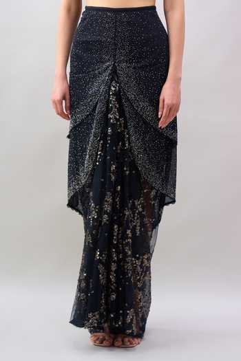 Shop Tarun Tahiliani Black Halter Neck Embroidered Pre-draped Lehenga Saree Set Shop_Tarun Tahiliani_Black Halter Neck Embroidered Pre-draped Lehenga Saree Set