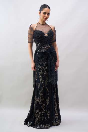 Buy Tarun Tahiliani Black Sequins, Stones Round Neck Embroidered Pre-draped Saree With Corset Online at Aza Fashions Buy_Tarun Tahiliani_Black Sequins, Stones Round Neck Embroidered Pre-draped Saree With Corset _Online_at_Aza_Fashions