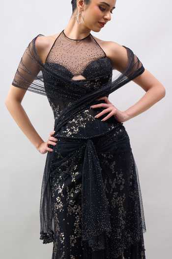 Shop Tarun Tahiliani Black Sequins, Stones Round Neck Embroidered Pre-draped Saree With Corset Online at Aza Fashions Shop_Tarun Tahiliani_Black Sequins, Stones Round Neck Embroidered Pre-draped Saree With Corset _Online_at_Aza_Fashions