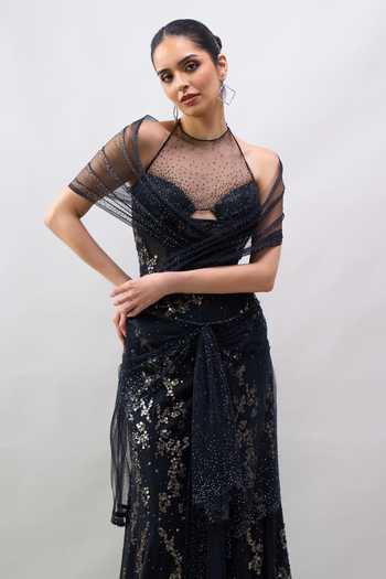 Tarun Tahiliani Black Sequins, Stones Round Neck Embroidered Pre-draped Saree With Corset at Aza Fashions Tarun Tahiliani_Black Sequins, Stones Round Neck Embroidered Pre-draped Saree With Corset _at_Aza_Fashions