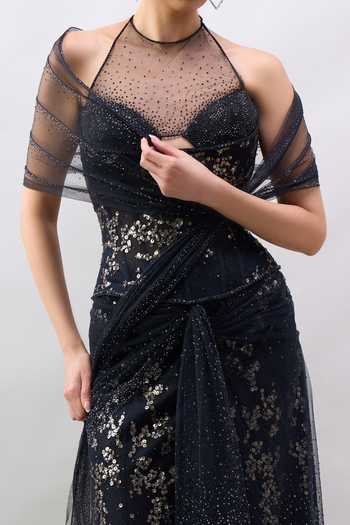 Buy Tarun Tahiliani Black Sequins, Stones Round Neck Embroidered Pre-draped Saree With Corset Buy_Tarun Tahiliani_Black Sequins, Stones Round Neck Embroidered Pre-draped Saree With Corset