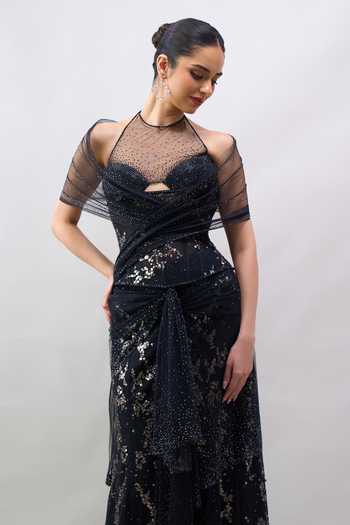 Shop Tarun Tahiliani Black Sequins, Stones Round Neck Embroidered Pre-draped Saree With Corset Shop_Tarun Tahiliani_Black Sequins, Stones Round Neck Embroidered Pre-draped Saree With Corset