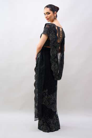 Tarun Tahiliani_Black Sweetheart Neck Embroidered Blouse And Saree Set _Online_at_Aza_Fashions