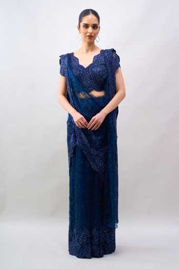 Tarun Tahiliani Blue Sweetheart Neck Embroidered Blouse And Saree Set at Aza Fashions Tarun Tahiliani_Blue Sweetheart Neck Embroidered Blouse And Saree Set _at_Aza_Fashions