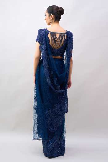 Tarun Tahiliani Blue Sweetheart Neck Embroidered Blouse And Saree Set Online at Aza Fashions Tarun Tahiliani_Blue Sweetheart Neck Embroidered Blouse And Saree Set _Online_at_Aza_Fashions