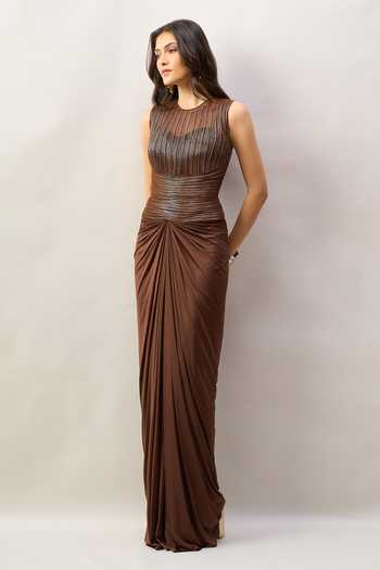 Buy_Amit Aggarwal_Brown Beads Round Neck Cutdana Embroidered Gown _Online_at_Aza_Fashions