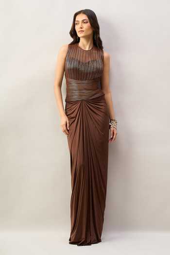 Shop_Amit Aggarwal_Brown Beads Round Neck Cutdana Embroidered Gown _Online_at_Aza_Fashions