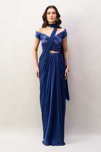 Buy_Amit Aggarwal_Blue Sweetheart Neck Pre-draped Saree With Embroidered Blouse _Online_at_Aza_Fashions