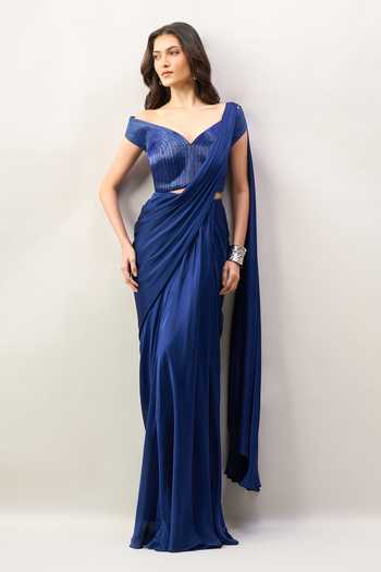 Shop_Amit Aggarwal_Blue Sweetheart Neck Pre-draped Saree With Embroidered Blouse _Online_at_Aza_Fashions