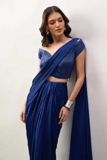 Amit Aggarwal_Blue Sweetheart Neck Pre-draped Saree With Embroidered Blouse _at_Aza_Fashions