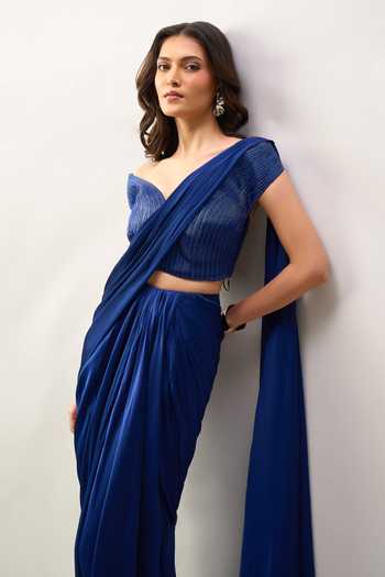 Buy_Amit Aggarwal_Blue Sweetheart Neck Pre-draped Saree With Embroidered Blouse 