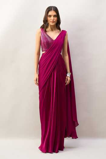 Buy Amit Aggarwal Purple V-neck Pre-draped Saree With Sleeveless Embroidered Blouse Online at Aza Fashions Buy_Amit Aggarwal_Purple V-neck Pre-draped Saree With Sleeveless Embroidered Blouse _Online_at_Aza_Fashions