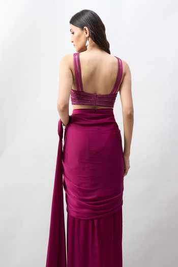 Shop Amit Aggarwal Purple V-neck Pre-draped Saree With Sleeveless Embroidered Blouse Online at Aza Fashions Shop_Amit Aggarwal_Purple V-neck Pre-draped Saree With Sleeveless Embroidered Blouse _Online_at_Aza_Fashions