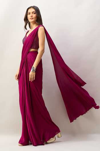 Amit Aggarwal Purple V-neck Pre-draped Saree With Sleeveless Embroidered Blouse at Aza Fashions Amit Aggarwal_Purple V-neck Pre-draped Saree With Sleeveless Embroidered Blouse _at_Aza_Fashions