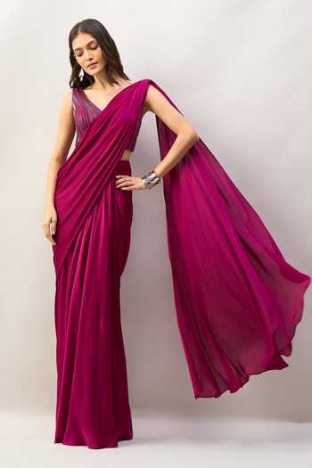 Amit Aggarwal Pre-Draped Saree With Sleeveless Embroidered Blouse