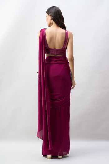 Amit Aggarwal Pre-Draped Saree With Sleeveless Embroidered Blouse