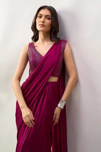 Buy Amit Aggarwal Purple V-neck Pre-draped Saree With Sleeveless Embroidered Blouse Buy_Amit Aggarwal_Purple V-neck Pre-draped Saree With Sleeveless Embroidered Blouse