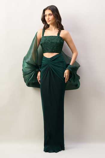 Shop Amit Aggarwal Green Square Neck Balloon Cape Draped Skirt Set Online at Aza Fashions Shop_Amit Aggarwal_Green Square Neck Balloon Cape Draped Skirt Set _Online_at_Aza_Fashions