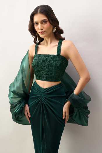 Amit Aggarwal Green Square Neck Balloon Cape Draped Skirt Set at Aza Fashions Amit Aggarwal_Green Square Neck Balloon Cape Draped Skirt Set _at_Aza_Fashions