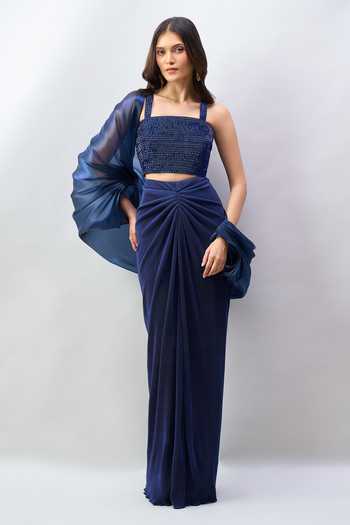 Amit Aggarwal Balloon Sheer Cape Draped Skirt Set