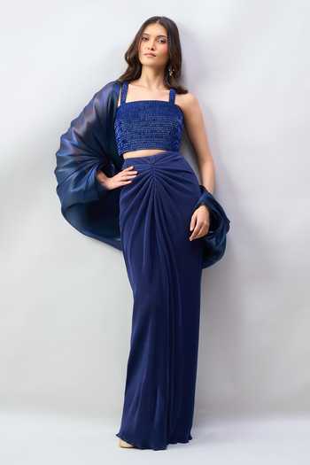 Buy Amit Aggarwal Blue Square Neck Balloon Sheer Cape Draped Skirt Set Online at Aza Fashions Buy_Amit Aggarwal_Blue Square Neck Balloon Sheer Cape Draped Skirt Set _Online_at_Aza_Fashions