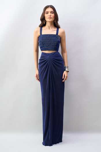 Shop Amit Aggarwal Blue Square Neck Balloon Sheer Cape Draped Skirt Set Online at Aza Fashions Shop_Amit Aggarwal_Blue Square Neck Balloon Sheer Cape Draped Skirt Set _Online_at_Aza_Fashions