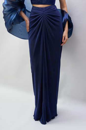 Amit Aggarwal Blue Square Neck Balloon Sheer Cape Draped Skirt Set at Aza Fashions Amit Aggarwal_Blue Square Neck Balloon Sheer Cape Draped Skirt Set _at_Aza_Fashions
