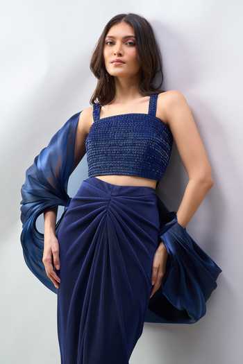 Buy Amit Aggarwal Blue Square Neck Balloon Sheer Cape Draped Skirt Set Buy_Amit Aggarwal_Blue Square Neck Balloon Sheer Cape Draped Skirt Set